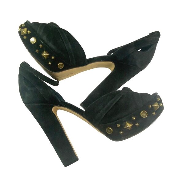 GUESS Women Heels Size 7 Black Kenzie High Block Suede Elegant Buckle Party - Picture 4 of 10